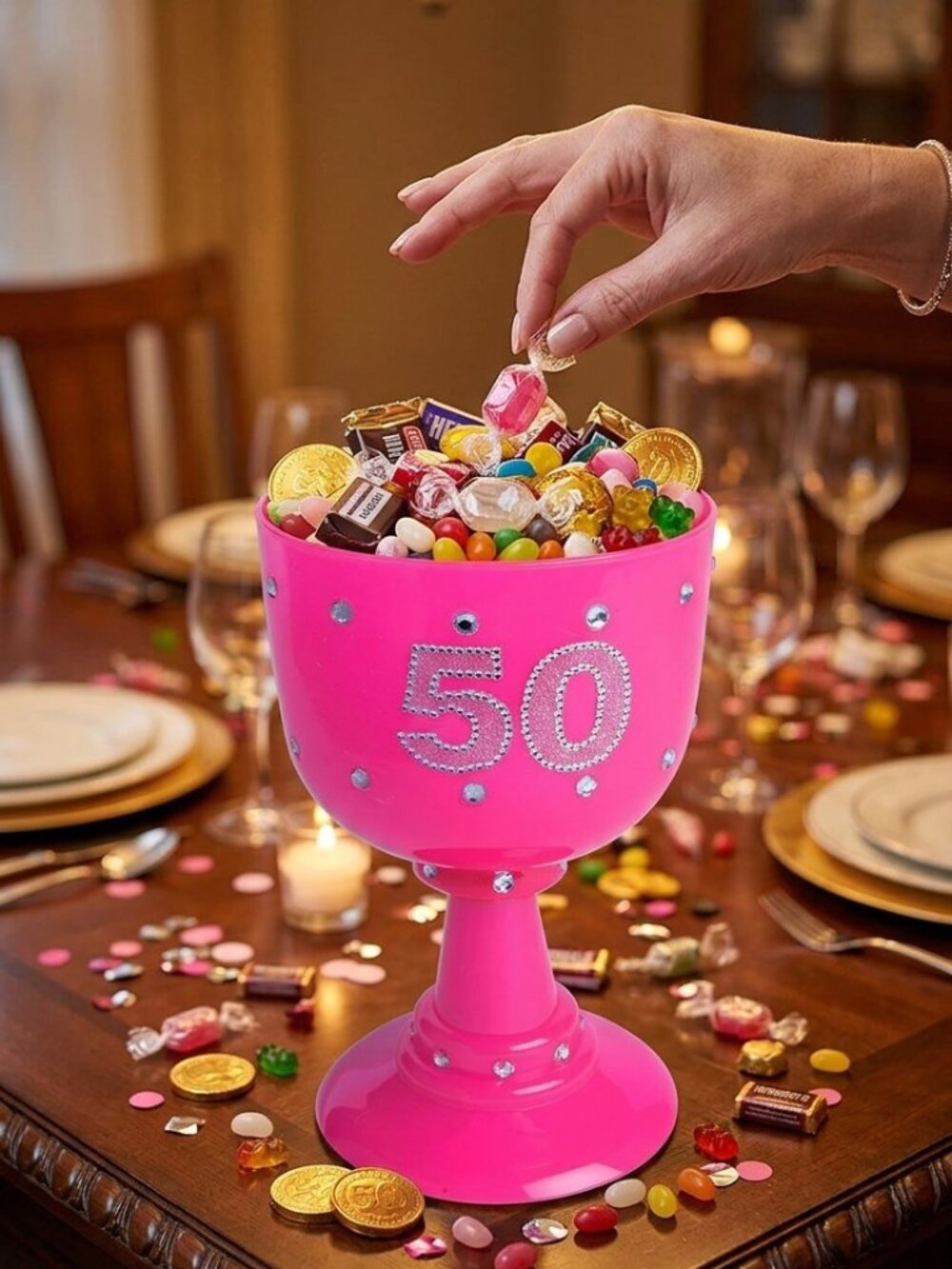 Pink 50th Birthday Jumbo Party Goblet | Studded Rhinestone Chalice 20oz